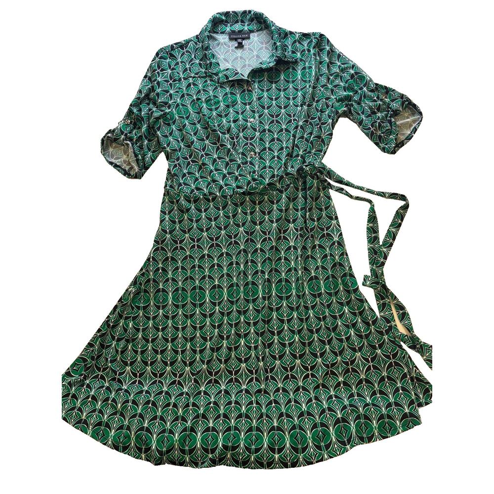 Stella & Julie Wrap Dress Green/Black Roll tab sleeve, size 14w Boho Chic